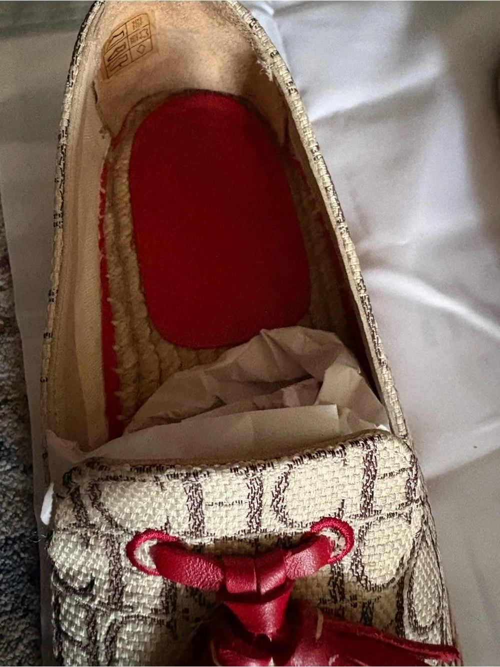 Carolina Herrera CH Monogram Espadrille Loafers in Beige and Red Trim